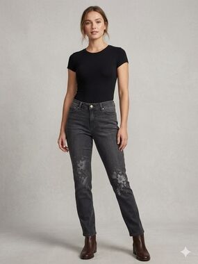 Vintage America Dark Gray Floral-Appliqué Straight Leg Jeans